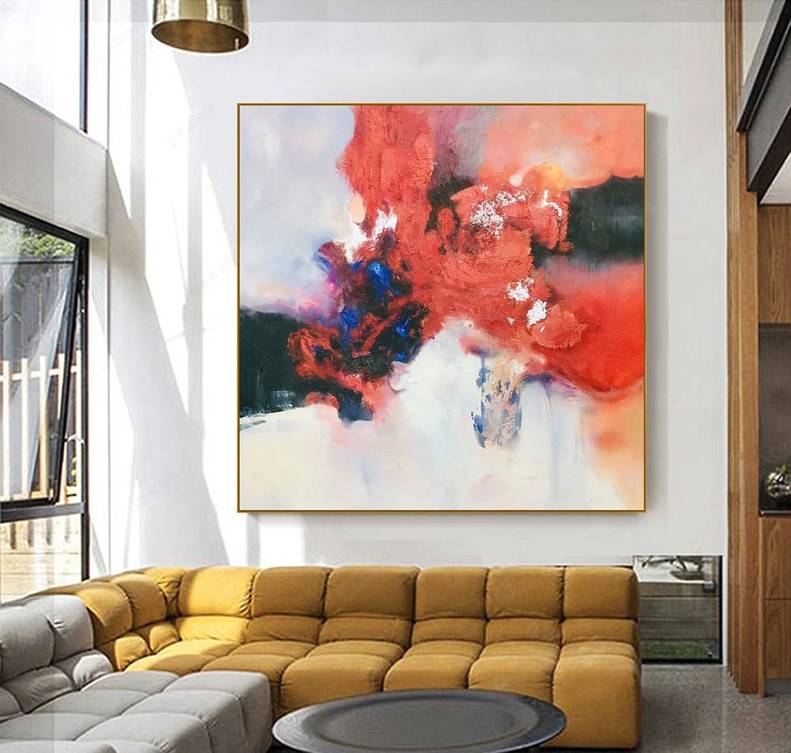 Red Original Dining Beige Contemporary Abstract Canvas Wall Art AWA8T